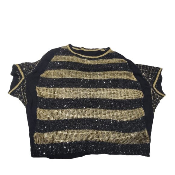 Black Gold Knit Top Metallic Sparkling Open Top Blouse- preloved - Picture 3 of 13